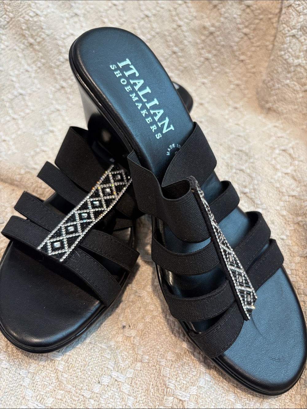 NWOT. Italian Shoemakers Black Slide Sandals with Silver Beaded Straps